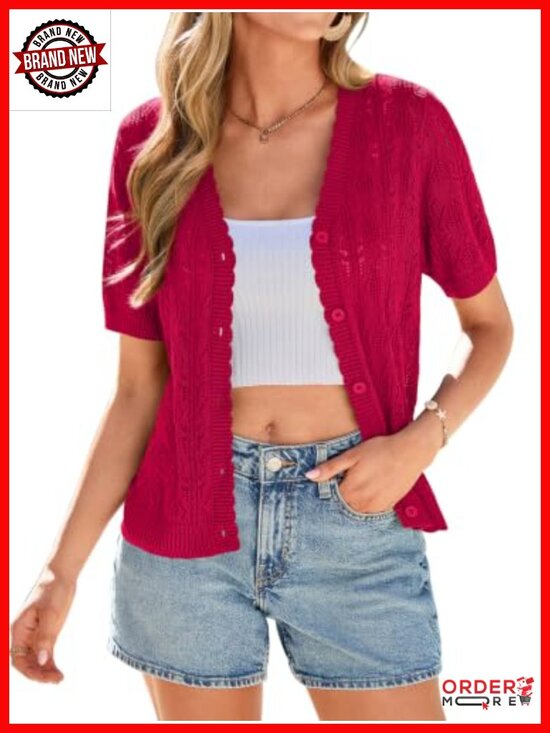 Sweaters - Crochet Knit V Neck Button Up Cardigan Short Sleeve Lightweight